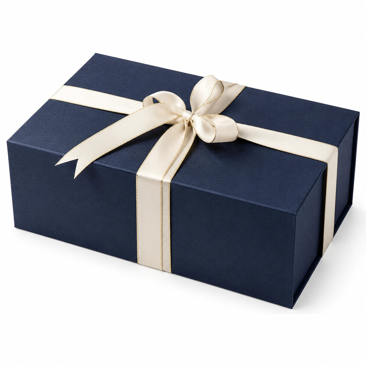 Boîte cadeau rectangulaire 30 x 20 x 10 cm en carton bleu marine avec ruban crème décoratif