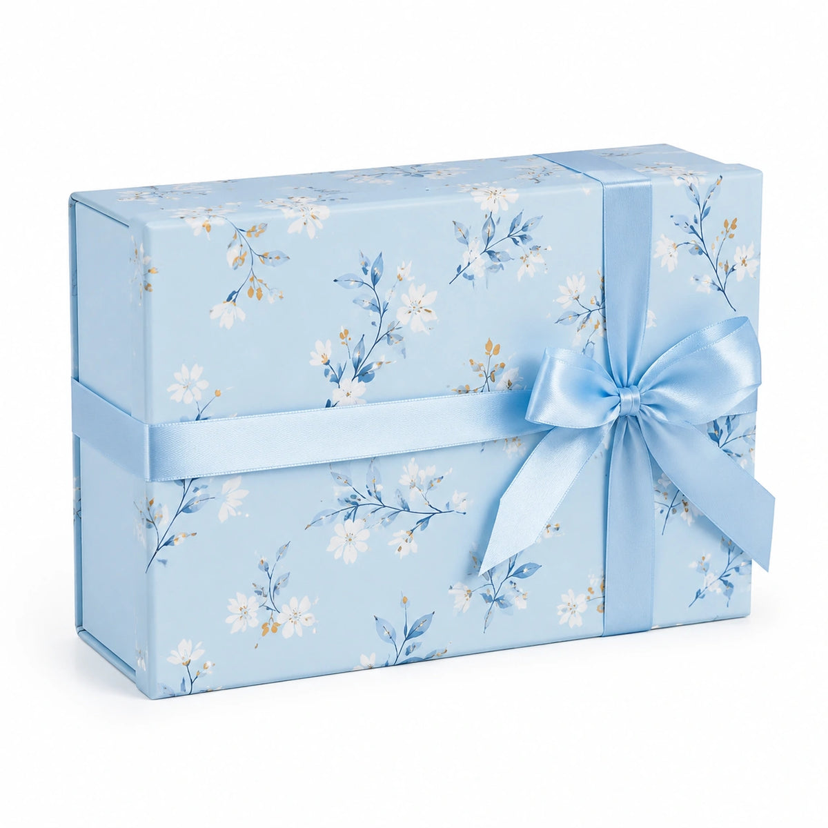 Boîte cadeau rectangulaire 30 x 20 x 12 cm en carton bleu à motif floral avec ruban
