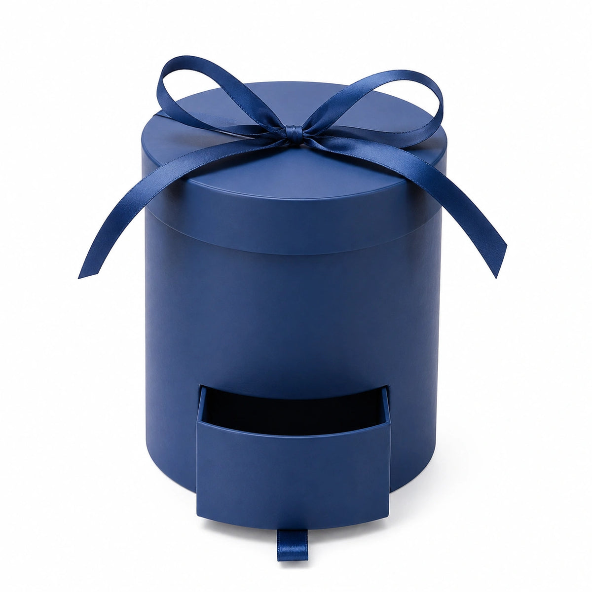 Boîte cadeau ronde 20 x 25 cm en carton bleu marine avec tiroir et ruban satin