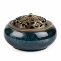 Brûle-encens rond 14 cm en céramique vert foncé et métal bronze à couvercle ajouré décoratif