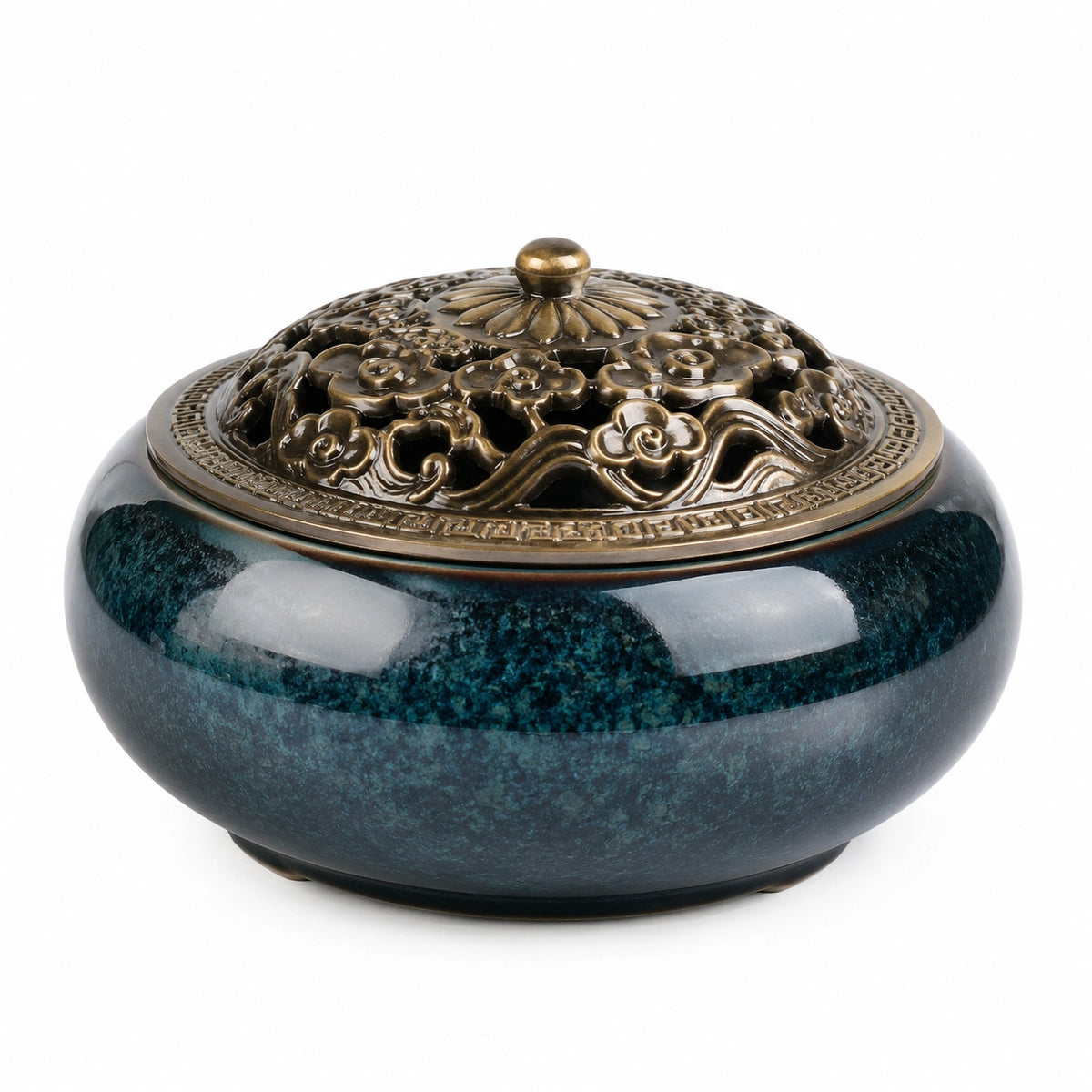 Brûle-encens rond 14 cm en céramique vert foncé et métal bronze à couvercle ajouré décoratif