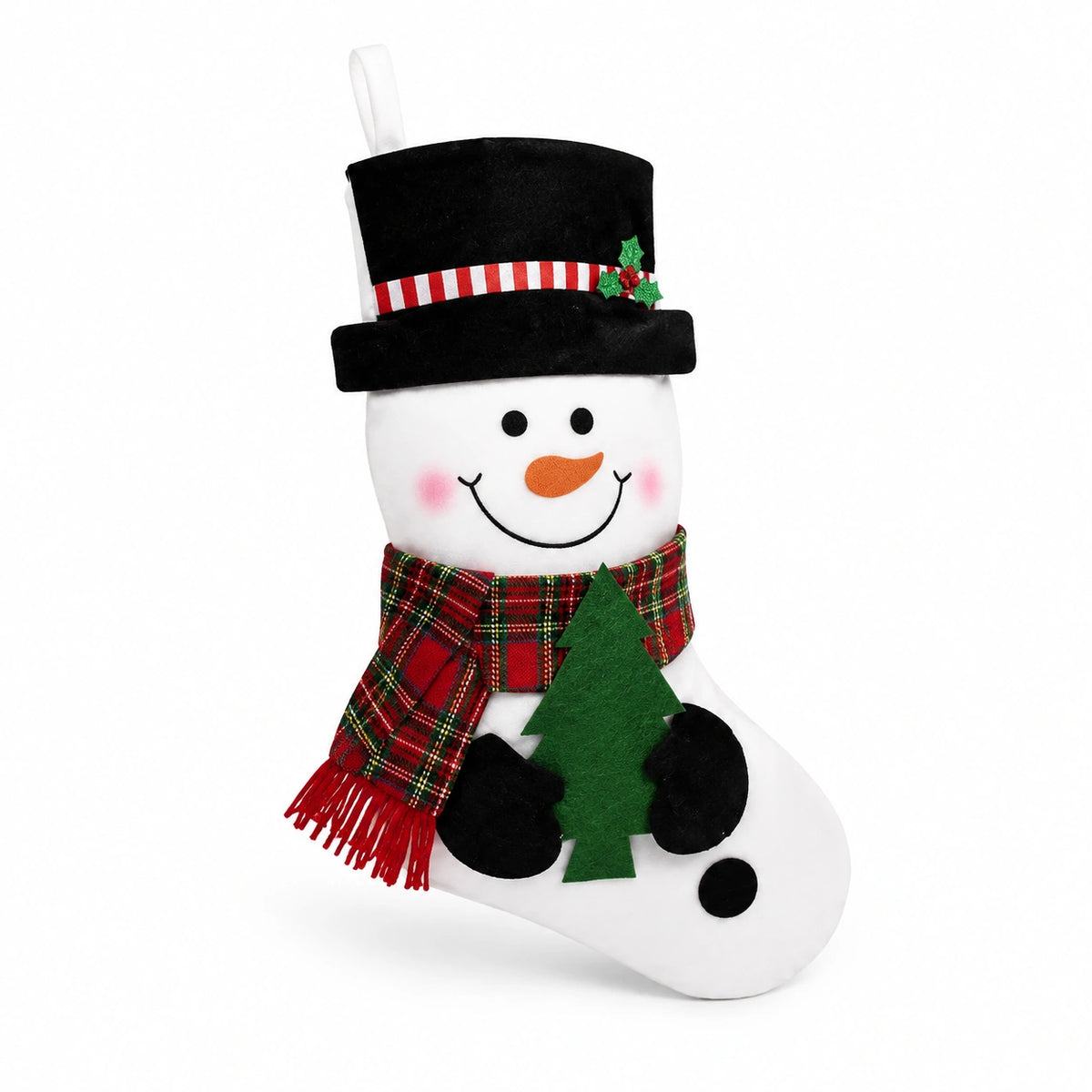 Chaussette de Noël 45 cm en textile blanc rouge vert motif bonhomme de neige à suspendre