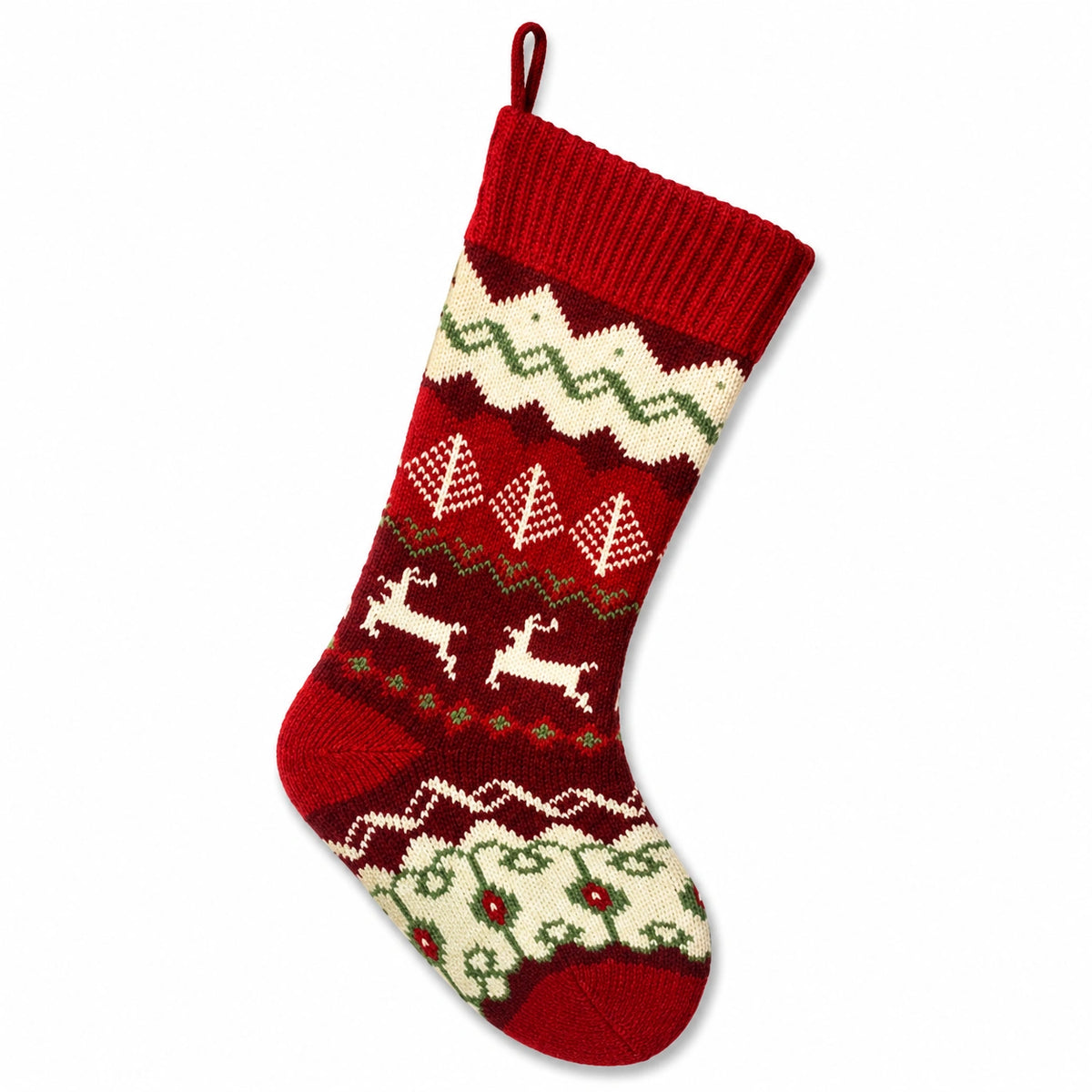 Chaussette de Noël 45 cm en textile tricoté rouge beige vert à suspendre motif renne