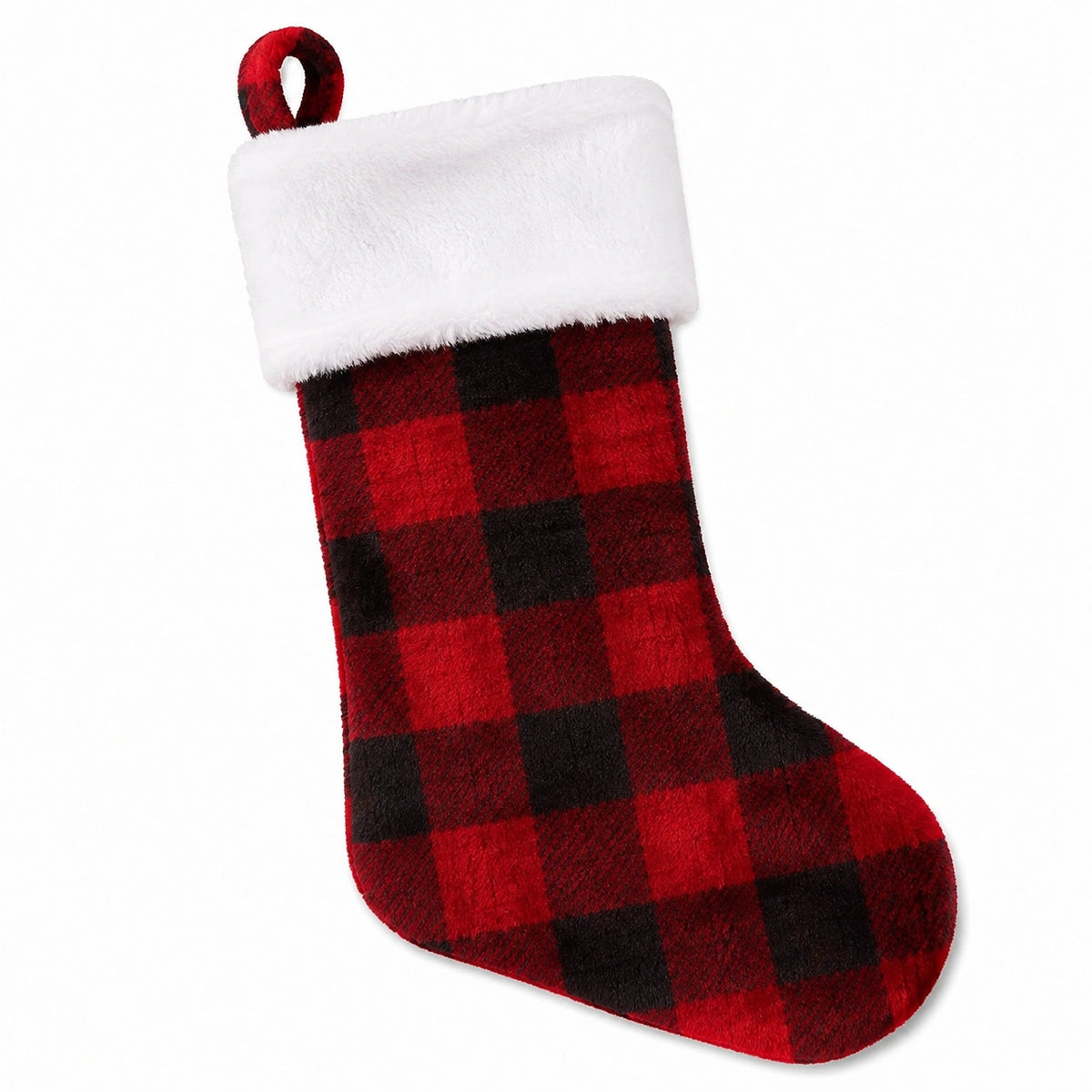 Chaussette de Noël 45 cm en textile rouge noir à carreaux avec boucle de suspension