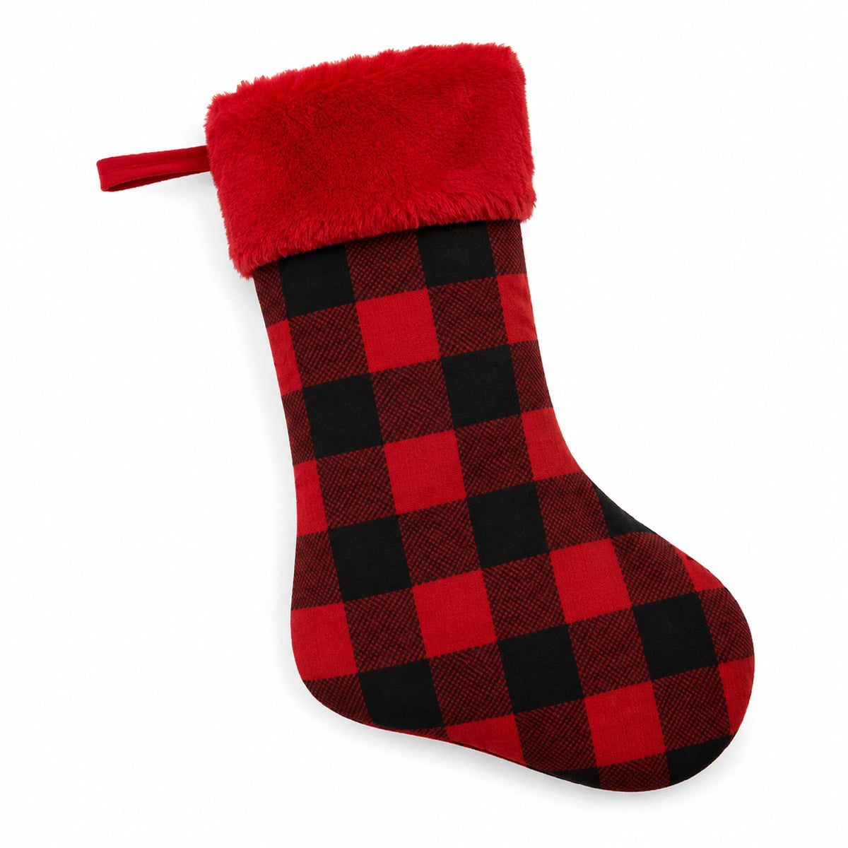 Chaussette de Noël 45 cm en tissu rouge et noir à carreaux avec revers doux et boucle de suspension