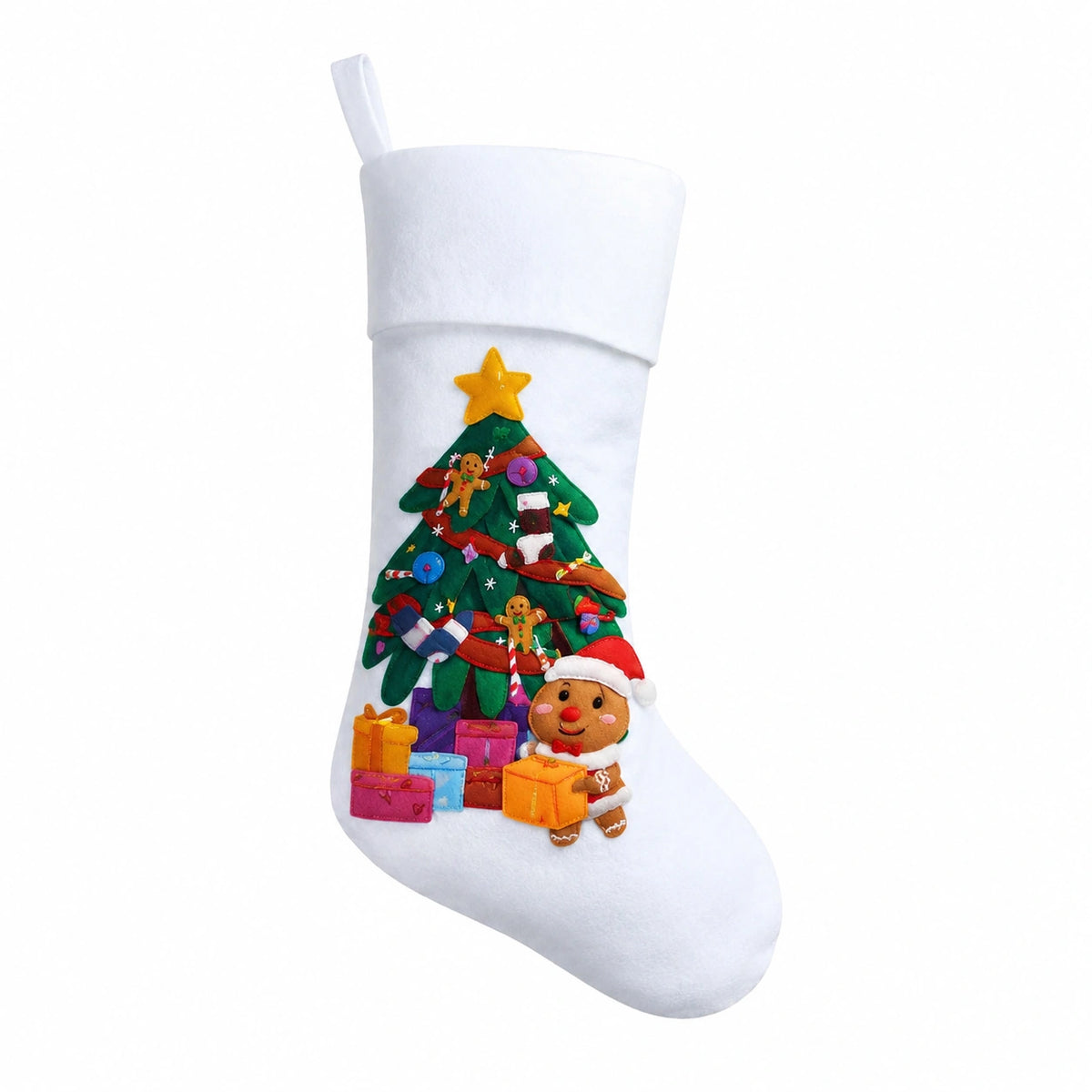 Chaussette de Noël 48 x 28 cm en feutrine blanche décor arbre suspendue