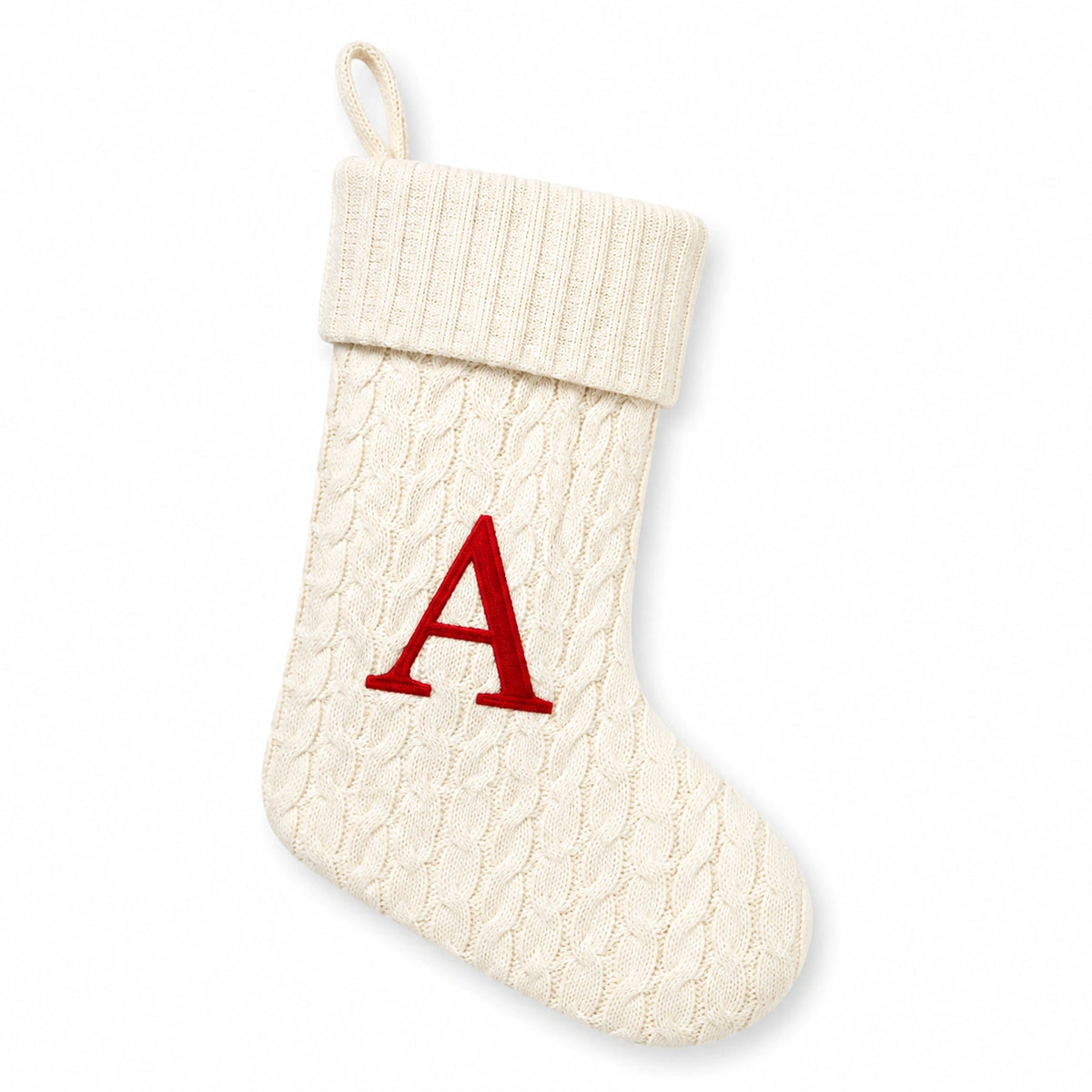 Chaussette décorative 45 cm en textile tricoté écru rouge à lettre brodée style hivernal