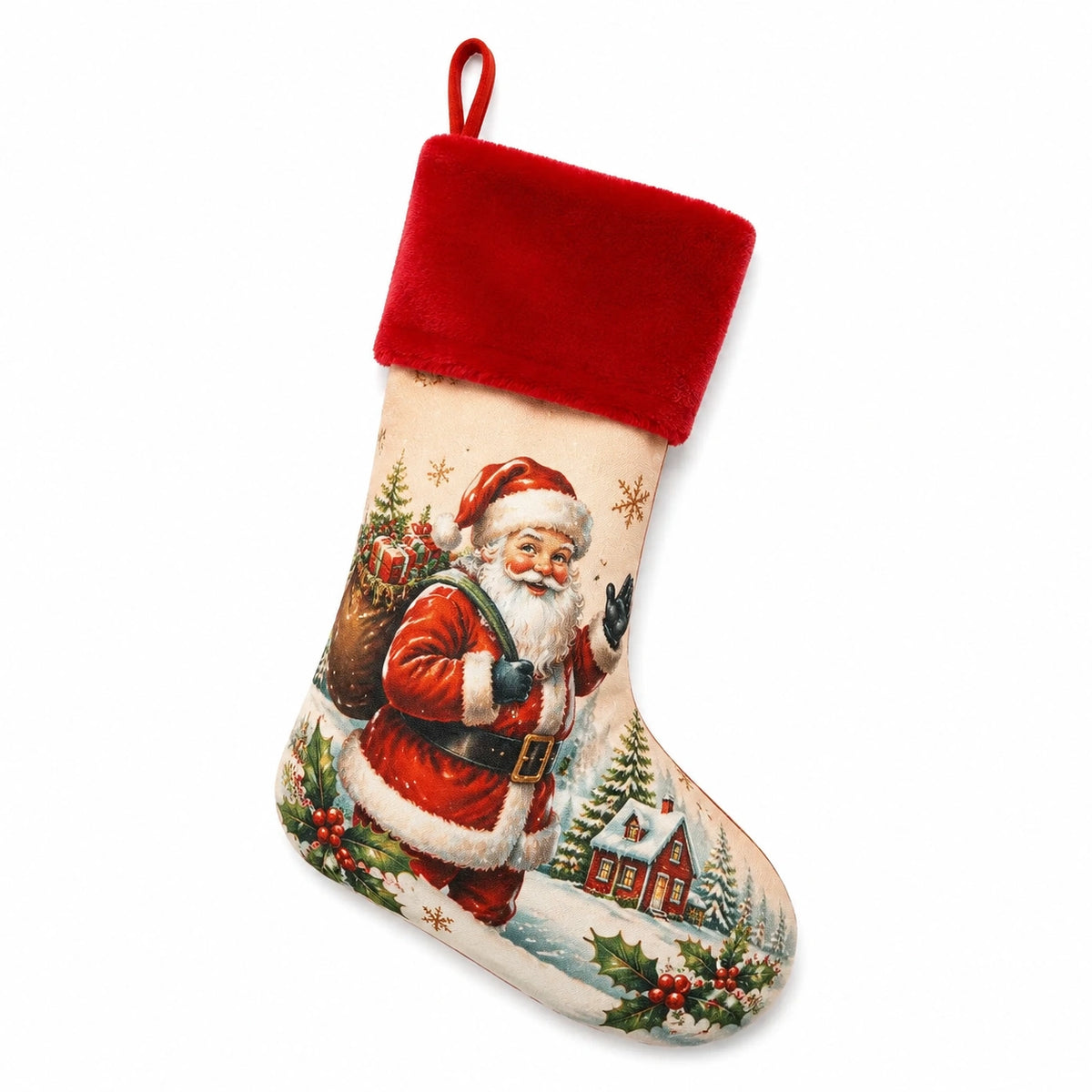 Chaussette de Noël 45 cm en textile rouge imprimée Père Noël à suspendre