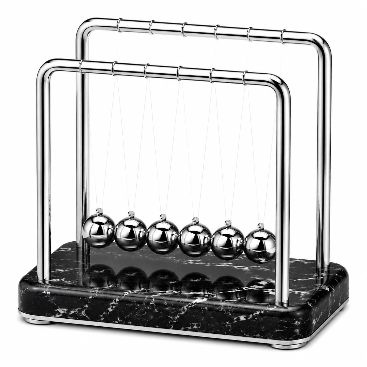 Pendule de Newton 30 x 15 x 25 cm en métal argenté et base noire décorative pour bureau