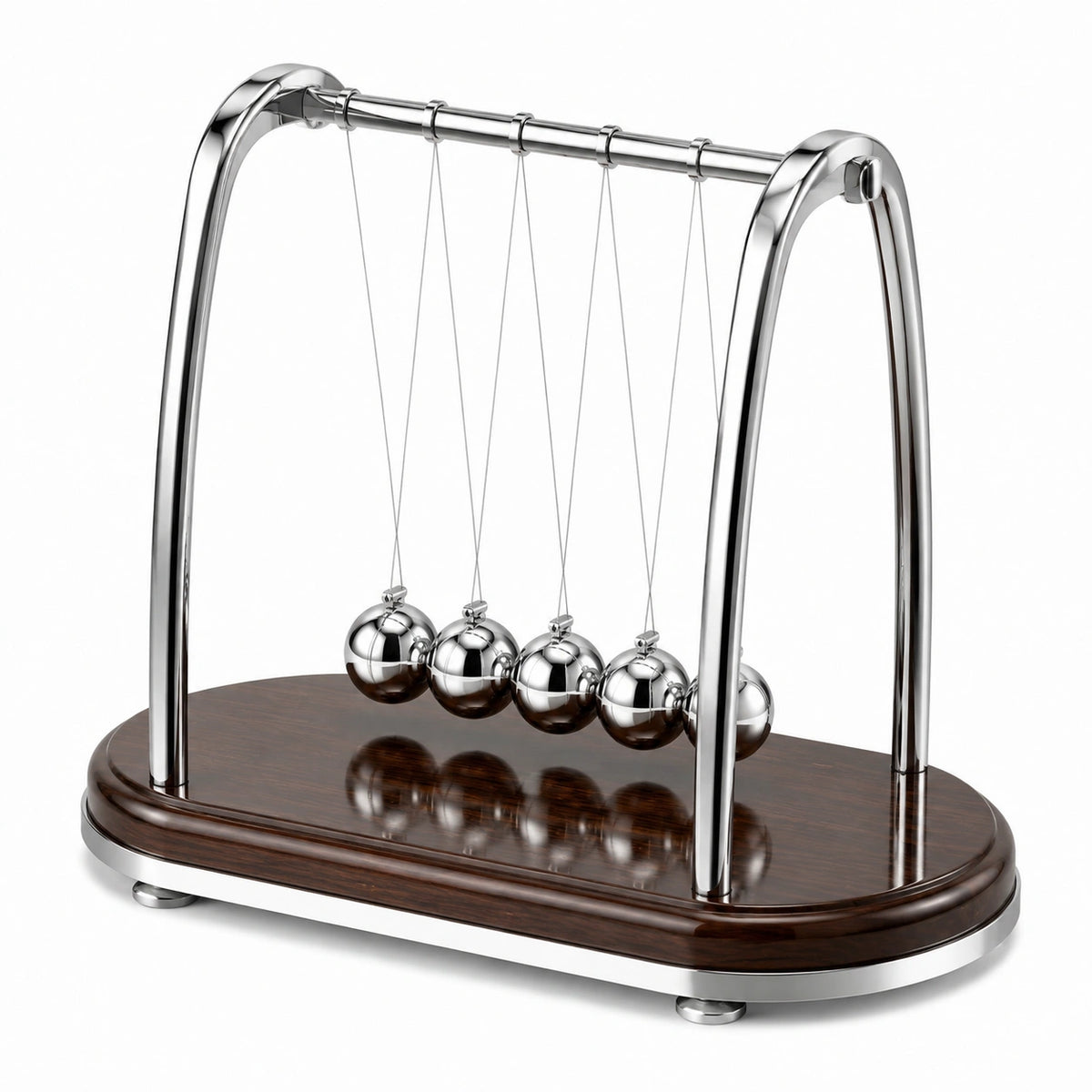 Pendule de Newton 30 cm en métal argenté et bois brun pour bureau décoratif