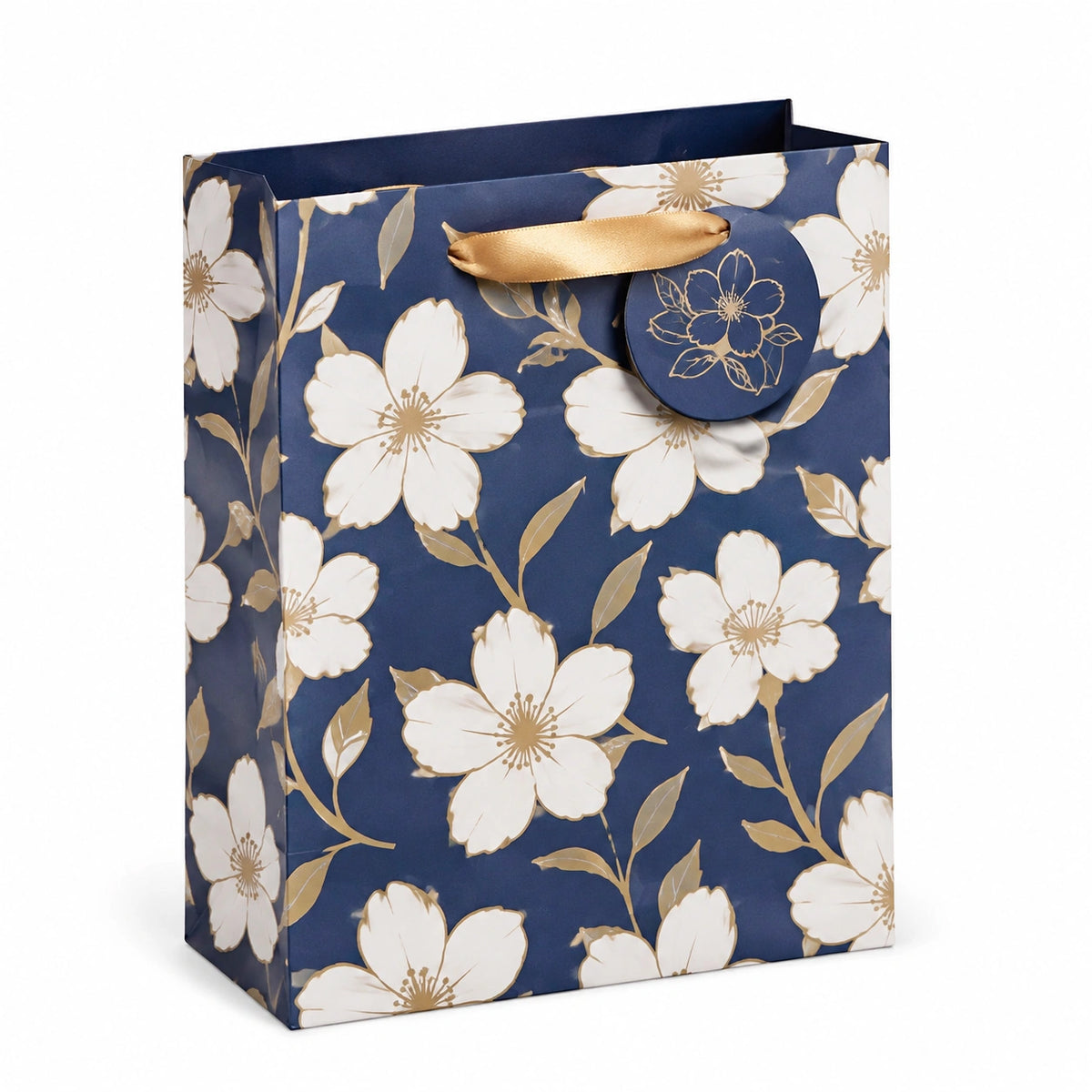 Sac cadeau 26 x 12 x 32 cm en papier cartonné bleu marine à motif floral avec poignées ruban