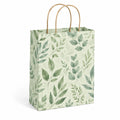 Sac cadeau 26 x 12 x 32 cm en papier vert motif feuillage avec anses torsadées