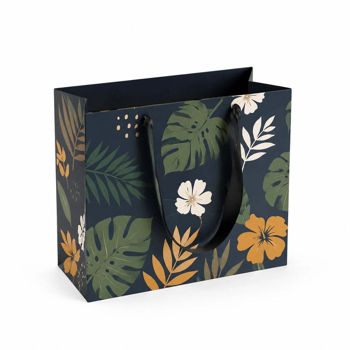 Sac cadeau 30 x 12 x 25 cm en papier cartonné bleu marine à motif tropical avec anses en corde