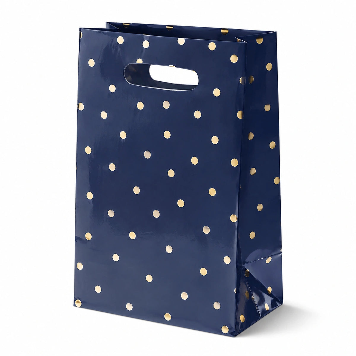 Sac cadeau 26 x 12 x 32 cm en papier bleu marine à pois dorés avec poignées découpées